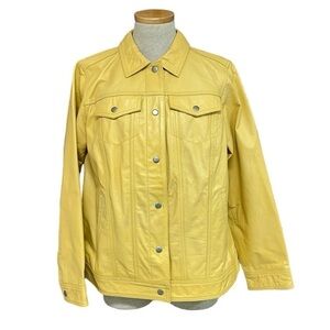Jessica London Jacket Women's 12 Yellow NWT Leather Coat Snap Buttons Collared